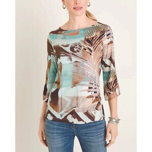 Chicos Blouse Womens Large Large Tribal Pattern Ruched Sleeves Boho Artsy